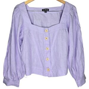 J. Crew Lavender 100% Linen Puff Sleeve Square Neck Button Front Top BY697 M